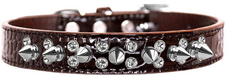 Double Crystal and Spike Croc Dog Collar Chocolate Size 16